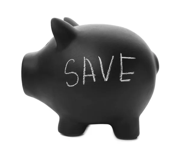 Preto porquinho banco com palavra SAVE no fundo branco — Fotografia de Stock