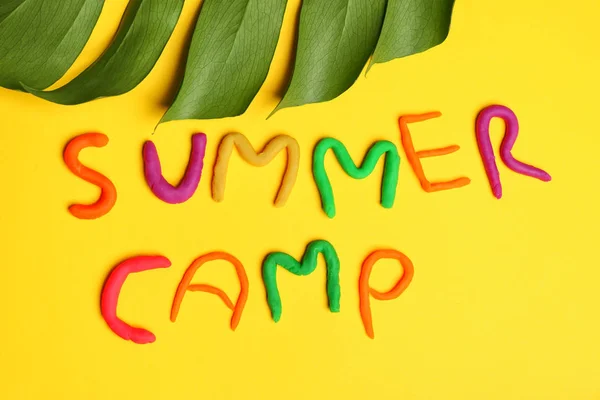 Flache Lagekomposition mit Wörtern Sommerlager aus Modelliermasse und tropischem Blatt auf farbigem Hintergrund — Stockfoto