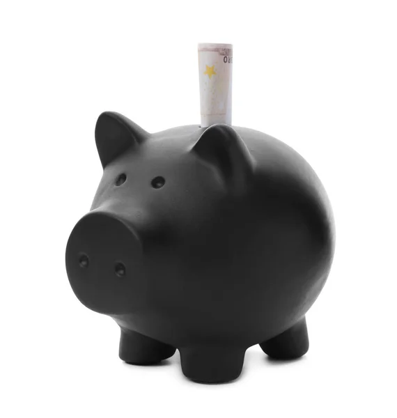 Beyaz arka plan üzerinde para ile siyah piggy banka — Stok fotoğraf