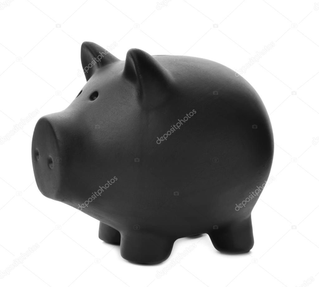 Black piggy bank on white background