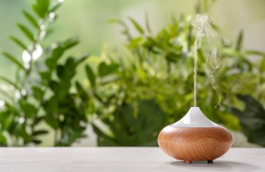 Aroma Yağı difüzör tablo arka plan bulanık karşı. Oda spreyi