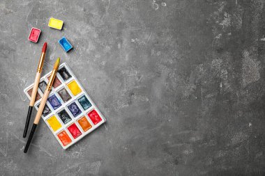 Renkli boyalar ve fırçalar masada, üstten görünüm ile plastik palet