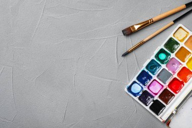 Renkli boya ve fırça gri arka planda, üstten görünüm ile plastik palet