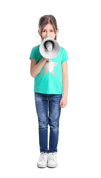 Adorável menina com megafone no fundo branco — Fotografia de Stock