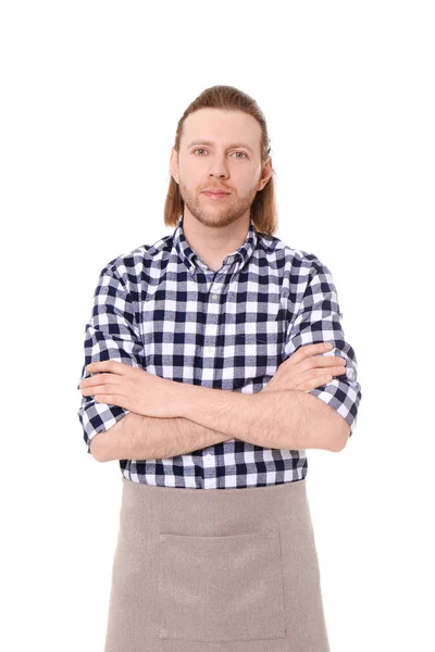 Retrato de florista masculino bonito em fundo branco — Fotografia de Stock