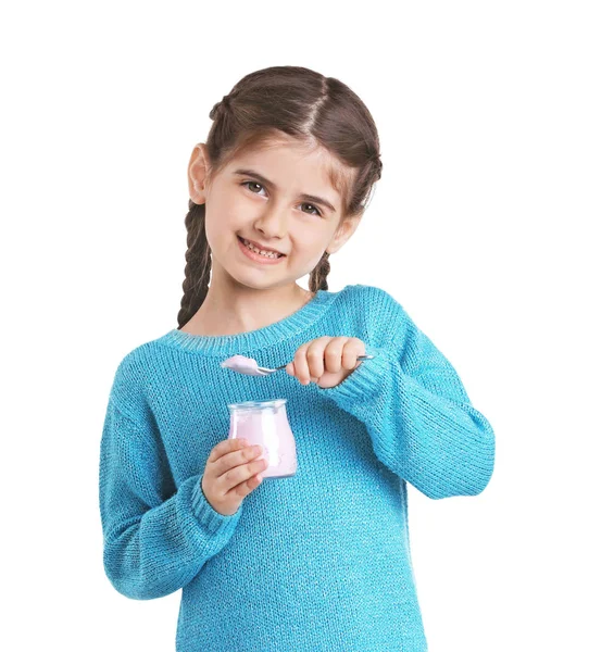 Little girl with yogurt on white background — Stock Photo, Image