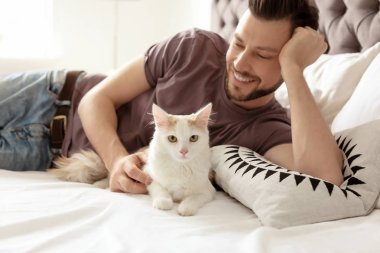 Evde yatakta şirin kedi ile genç adam