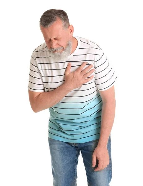 Hombre maduro teniendo un ataque al corazón sobre fondo blanco — Foto de Stock