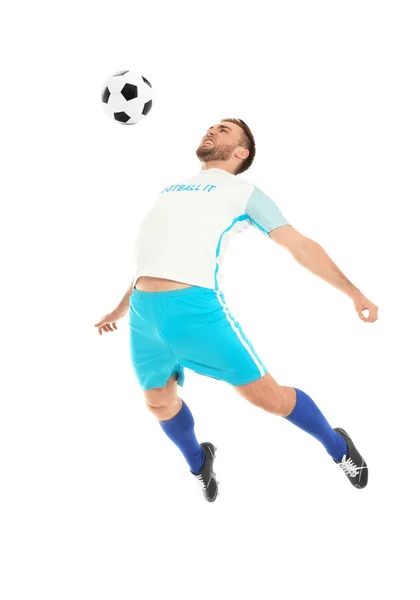 Jovem jogando futebol no fundo branco — Fotografia de Stock