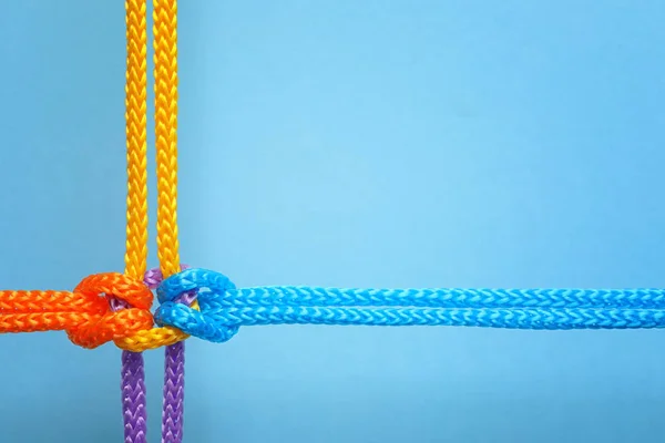 Diferentes cordas amarradas em conjunto com nó no fundo de cor. Conceito de unidade — Fotografia de Stock