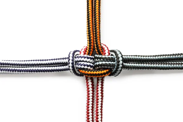 Colorful ropes tied together on white background. Unity concept — Stock Photo, Image