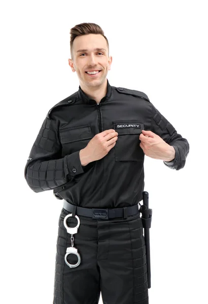 Manliga säkerhetsvakt i uniform på vit bakgrund — Stockfoto