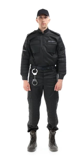 Masculino segurança guarda no uniforme no branco fundo — Fotografia de Stock