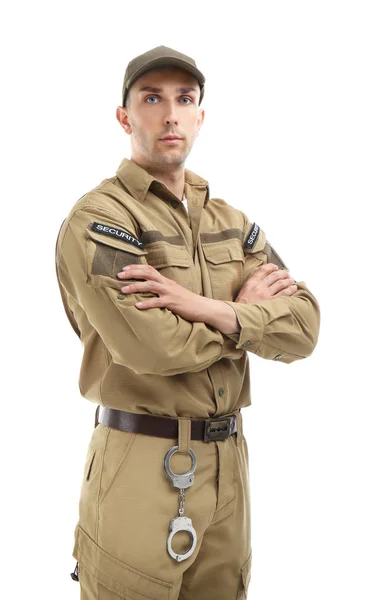 Guardia de seguridad masculino en uniforme sobre fondo blanco — Foto de Stock