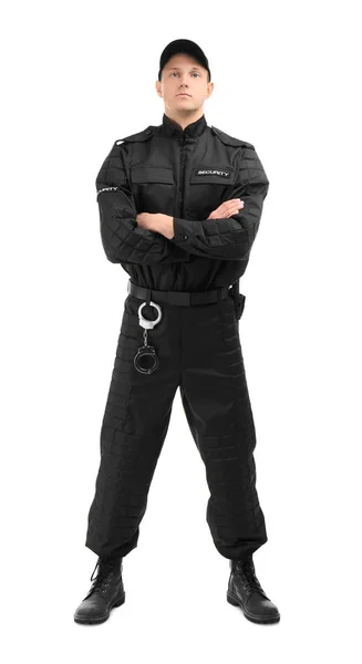 Masculino segurança guarda no uniforme no branco fundo — Fotografia de Stock