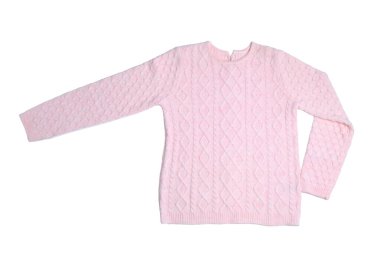 Beyaz arka planda pembe örülü süveter, üst manzara