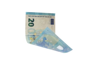 Uçan 20 Euro banknot beyaza izole edilmiş.