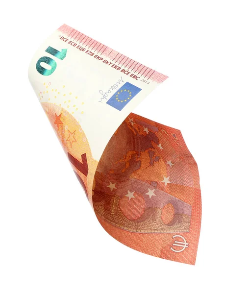 Flying ten Euro banknote isolated on white — Stock Photo, Image