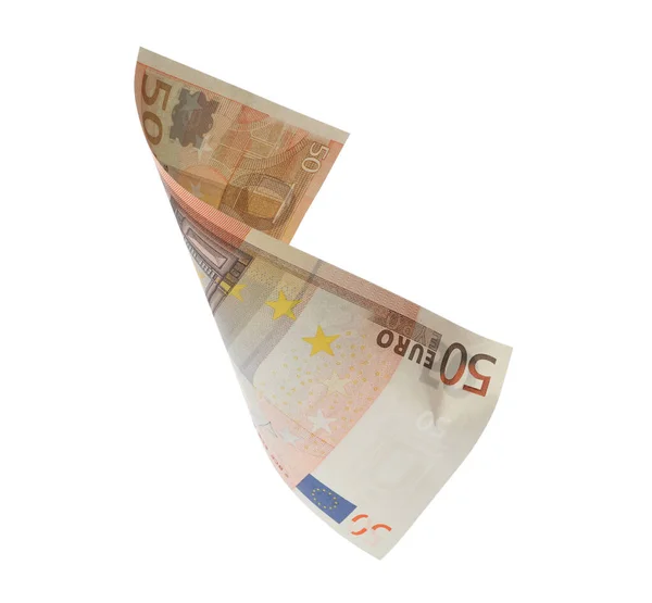 飞50欧元的钞票被白色隔离 — 图库照片