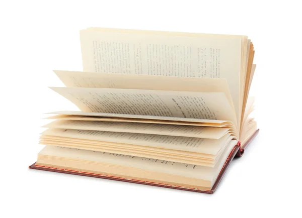 Abrir capa dura livro velho sobre fundo branco — Fotografia de Stock
