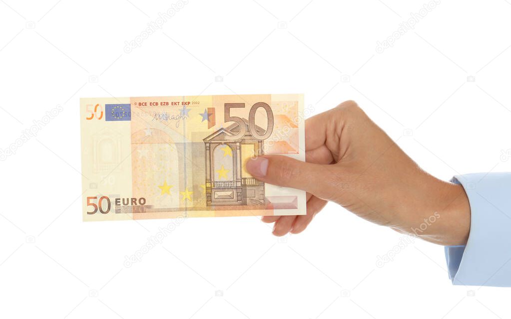 Woman with Euro banknote on white background, closeup