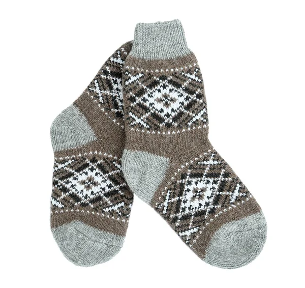 Knitted socks on white background, top view — Stock Photo, Image