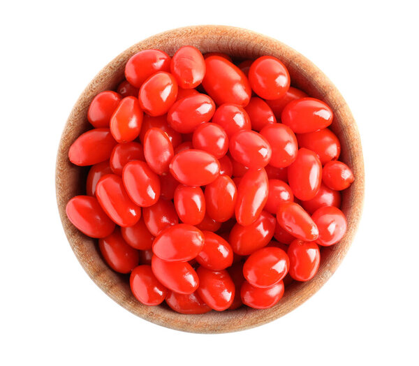 Fresh ripe goji berries in wooden bowl on white background, top view
