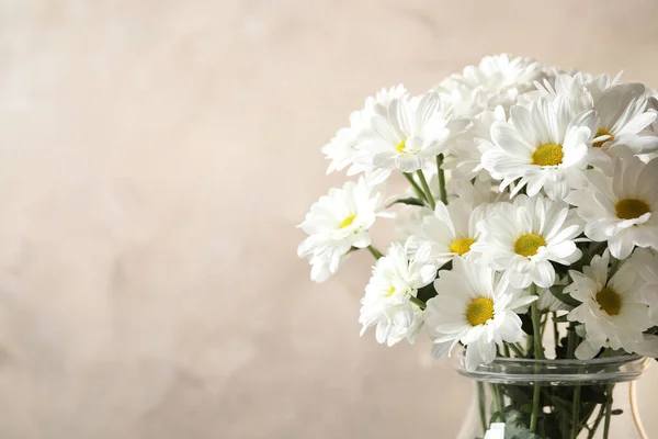 Vaso com belas flores de camomila no fundo bege, close-up. Espaço para texto — Fotografia de Stock