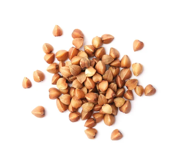 Pile de grains de sarrasin isolés sur blanc, vue de dessus. Céréales biologiques — Photo