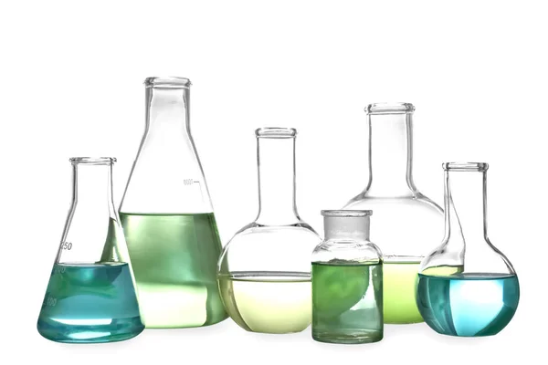 Glassware with liquids isolated on white. Laboratory analysis — Stock Photo, Image