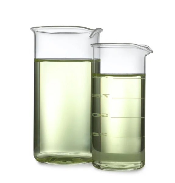 Glassware with liquids isolated on white. Laboratory analysis — Stock Photo, Image