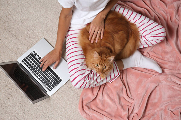 Woman with cute red cat and laptop on light carpet, top view — Stock Photo, Image