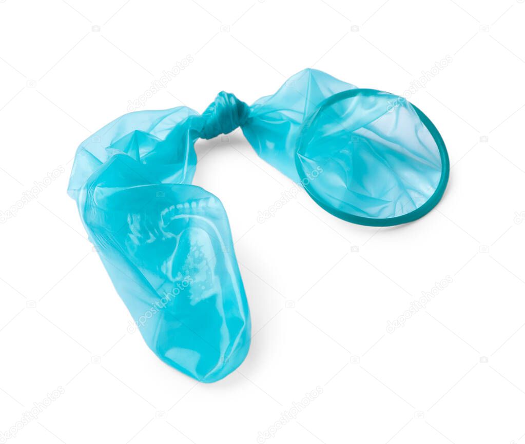 Blue used condom on white background. Safe sex concept