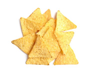 Beyaz arka plan üzerinde Lezzetli Meksika nachos cips, üst görünümü