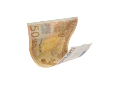 Uçan 50 Euro banknot beyaza izole edildi