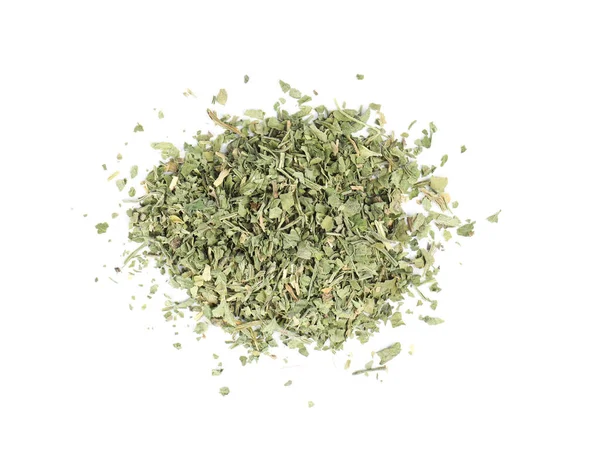 Heap of dried parsley on white background, top view — Stock Photo, Image