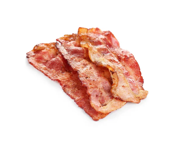 Skivor av välsmakande stekt bacon på vit bakgrund — Stockfoto