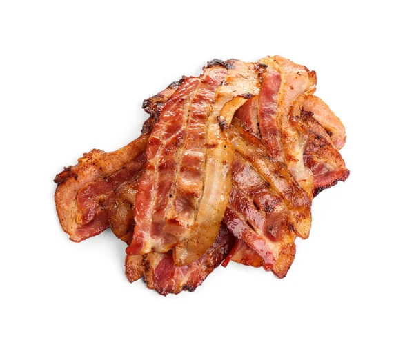 Skivor av välsmakande stekt bacon på vit bakgrund — Stockfoto