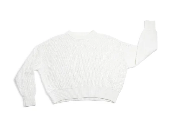 Warm knitted sweater on white background, top view — ストック写真