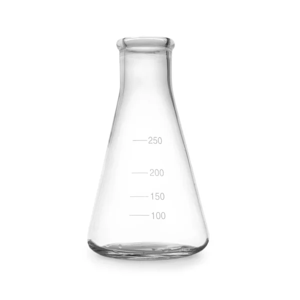 Frasco cônico vazio sobre fundo branco. Objectos de vidro de laboratório — Fotografia de Stock