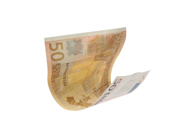 Repülő ötven eurobankjegy, fehér alapon elkülönítve — Stock Fotó