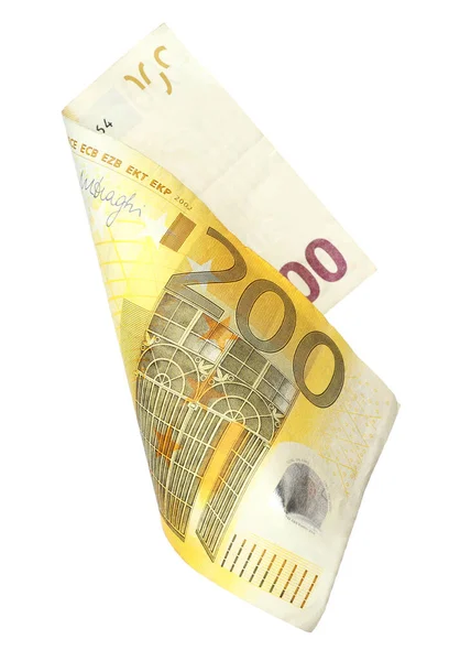 Notas de 200 euros voadoras isoladas a branco — Fotografia de Stock