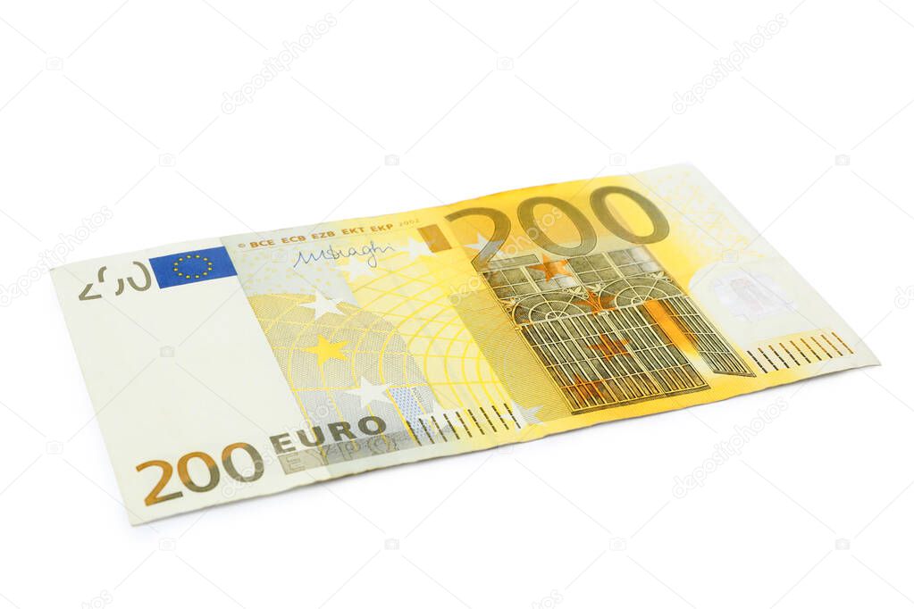 Two hundred Euro banknote lying on white background