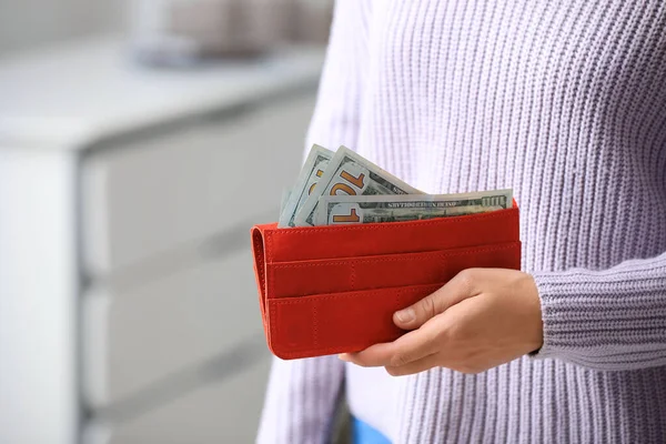 Woman with American money in wallet indoors, closeup — Stock Photo, Image