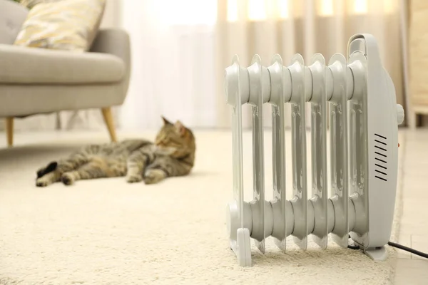 Electric heater and blurred tabby cat on background. Space for text — Stock Photo, Image