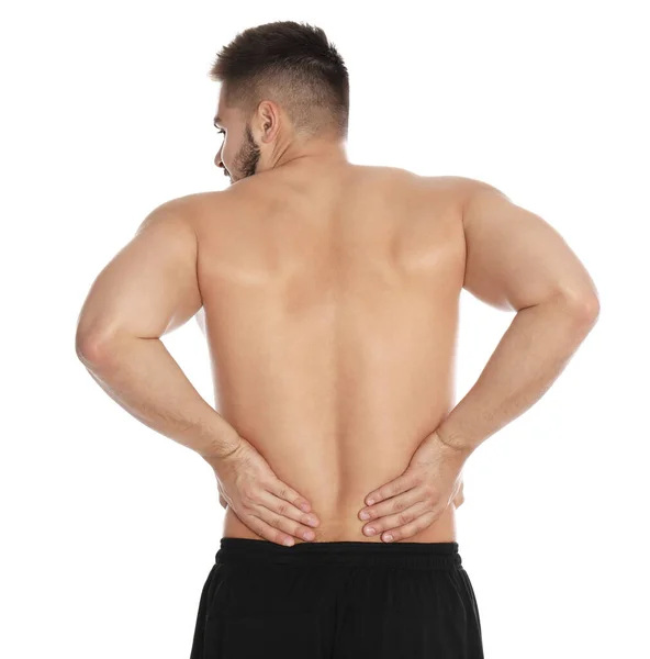 Man suffering from backache on white background — Stock Photo, Image