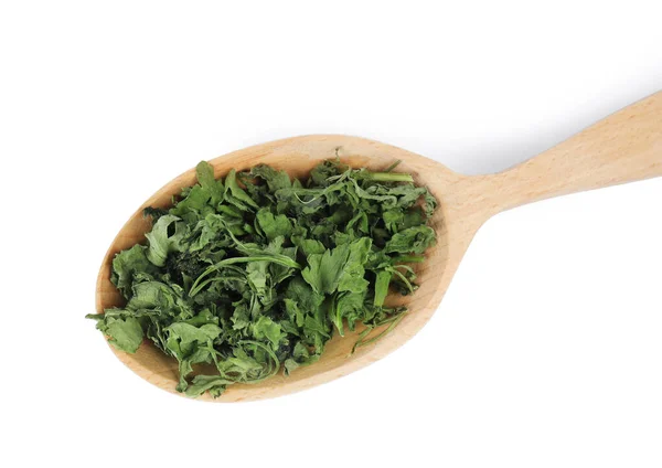 Wooden spoon with dried parsley on white background, top view — Stock Photo, Image