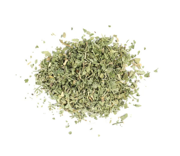 Heap of dried parsley on white background, top view — Stock Photo, Image