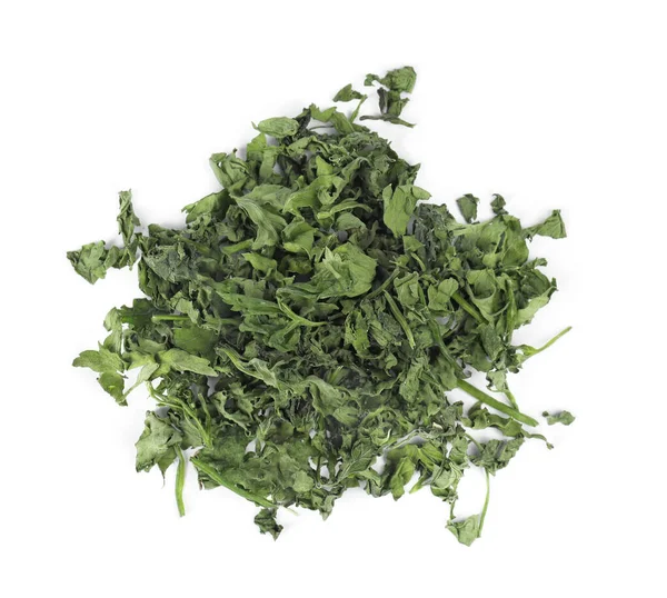 Heap of dried parsley on white background, top view — Stock Photo, Image