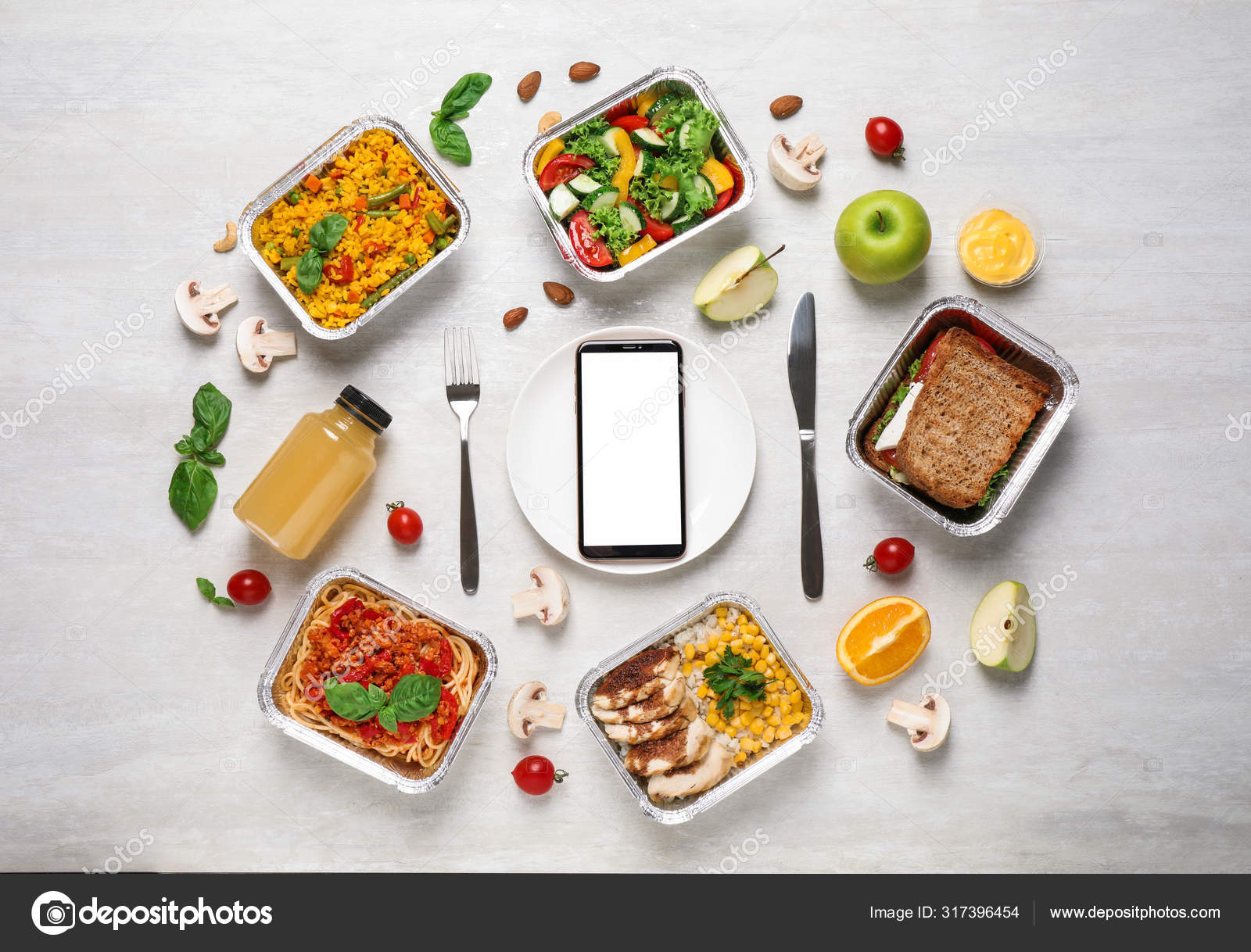 Download Flat Lay Composition With Lunchboxes And Smartphone On White Wooden Table Mockup For Design Healthy Food Delivery Stock Photo Image By C Newafrica 317396454